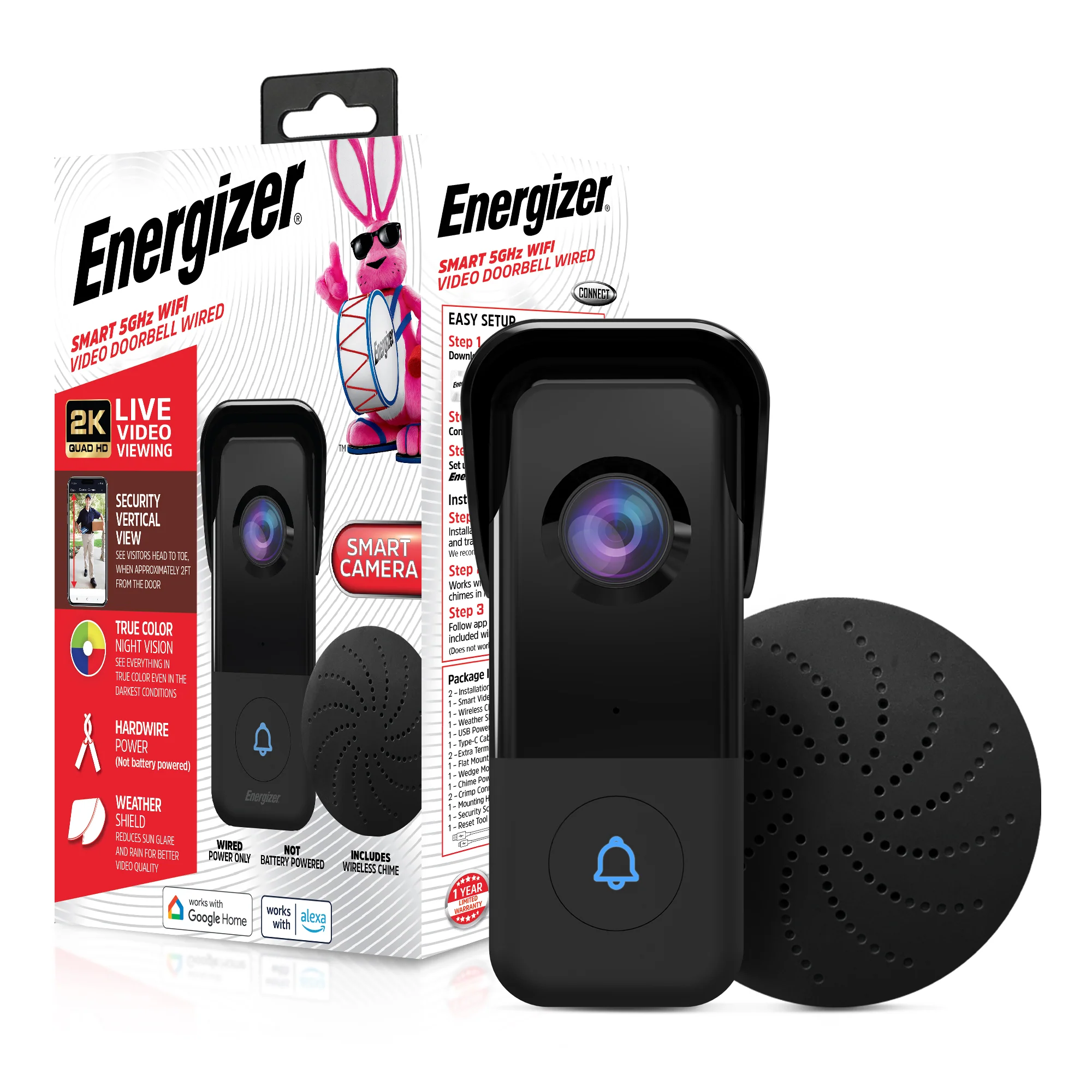 Smart 5GHz Wi-Fi 2K QHD Wired Video Doorbell with True Color Night Vision and Wireless Chime in Black