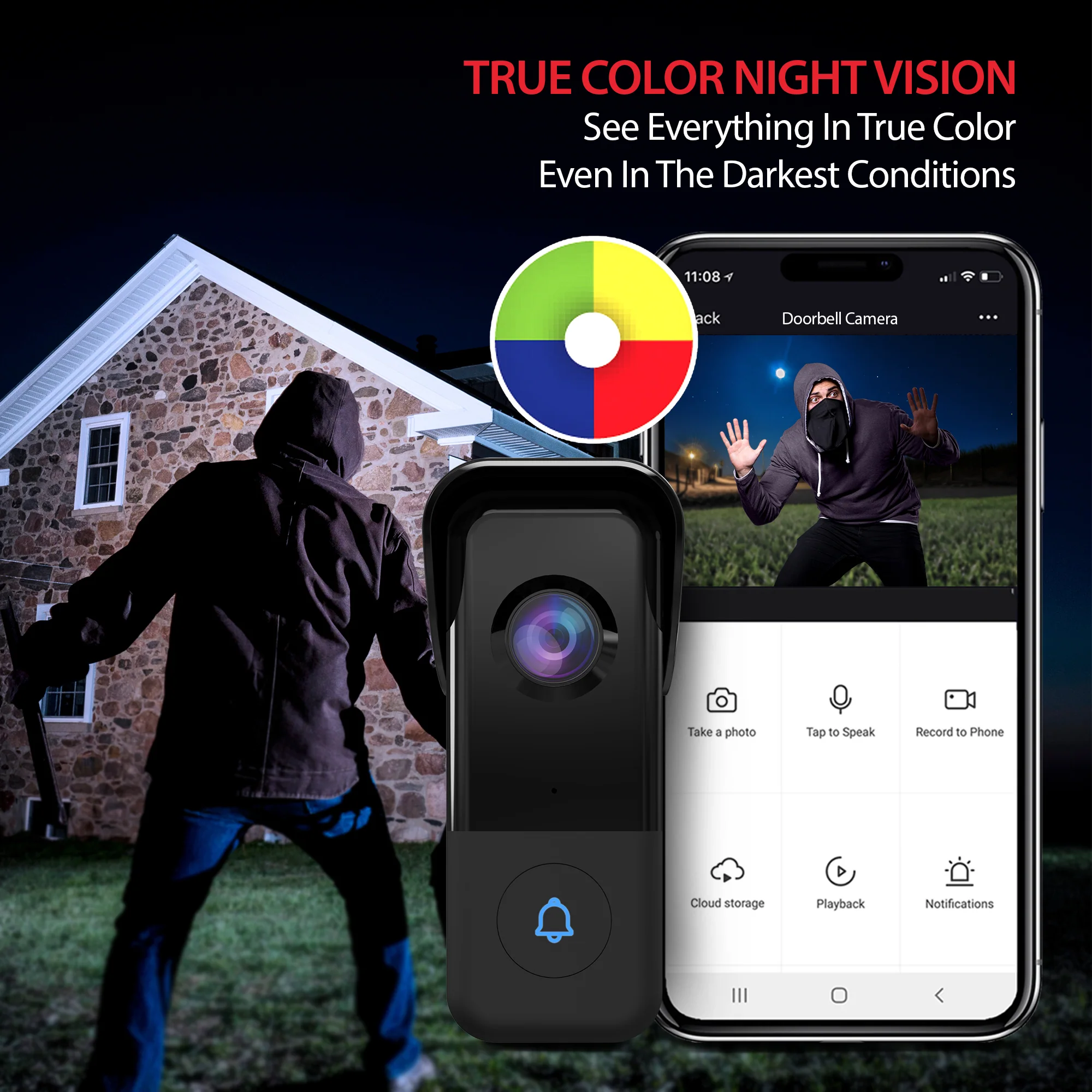 Smart 5GHz Wi-Fi 2K QHD Wired Video Doorbell with True Color Night Vision and Wireless Chime in Black - Image 3