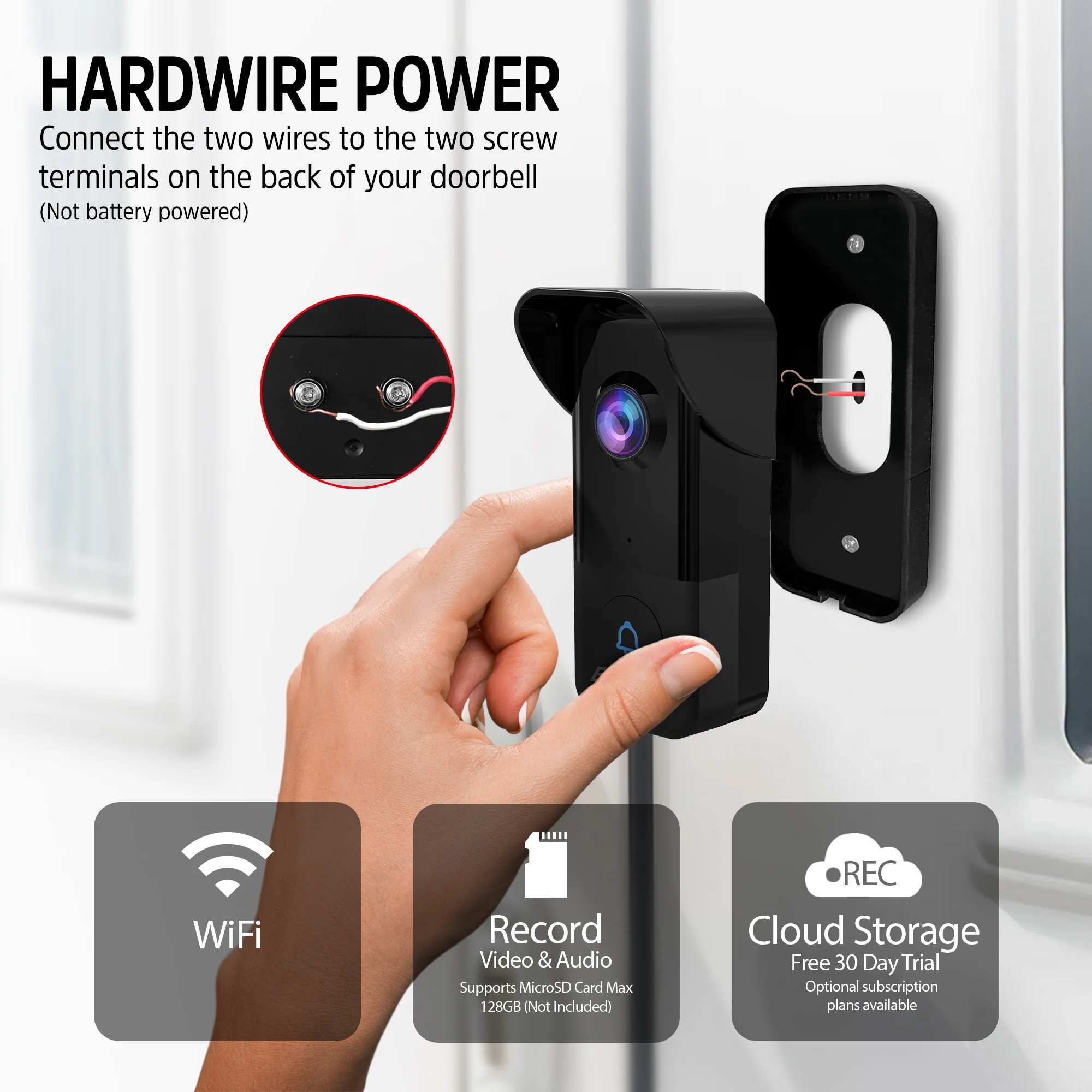 Smart 5GHz Wi-Fi 2K QHD Wired Video Doorbell with True Color Night Vision and Wireless Chime in Black - Image 5